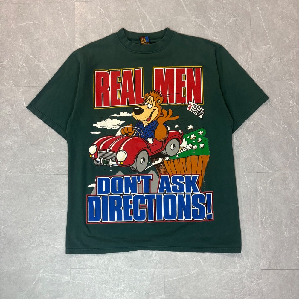 Vintage 90s Sun Sportswear Real Men Dont Ask Directions T-Shirt L Green USA Made